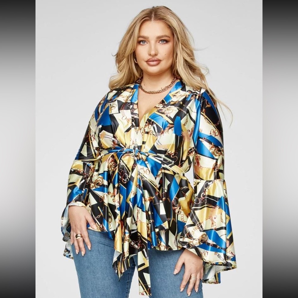 Fashion To Figure Chain Print Extreme Flare Wrap Top Size 2XL/16